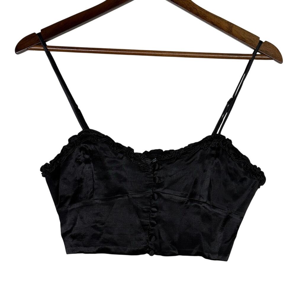 Zara Ruffled Satin Crop Top Adjustable Straps Front Buttons Smocked Back M Black